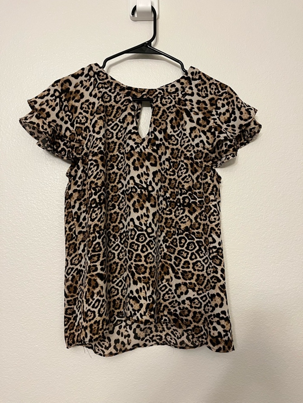 Wishful Park Leopard Keyhole Flutter Sleeve Blouse - Brown/Black/Cream